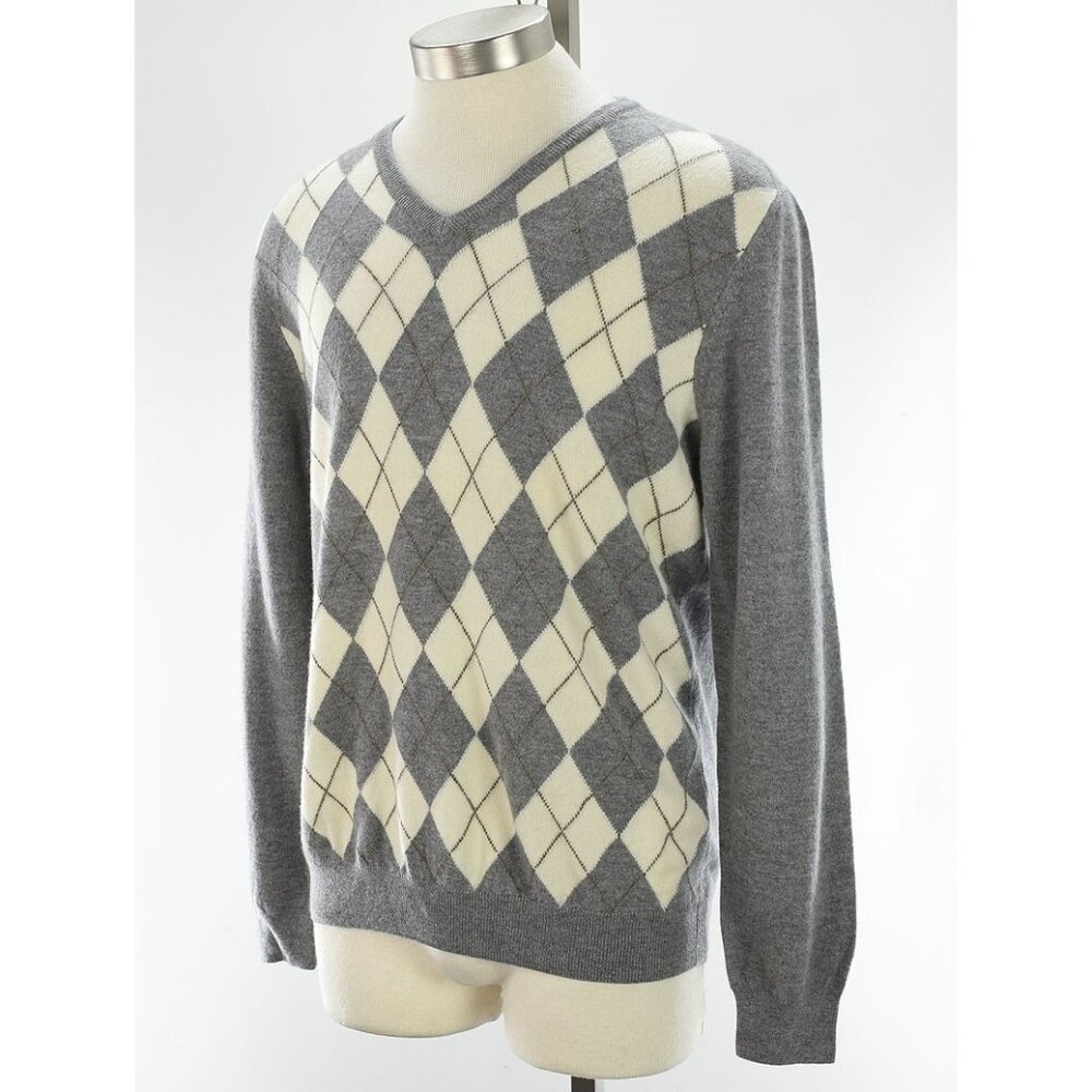ALTEA Ivory Gray ARGYLE Wool Cashmere Blend V Neck Long Sleeve Sweater XL NWT